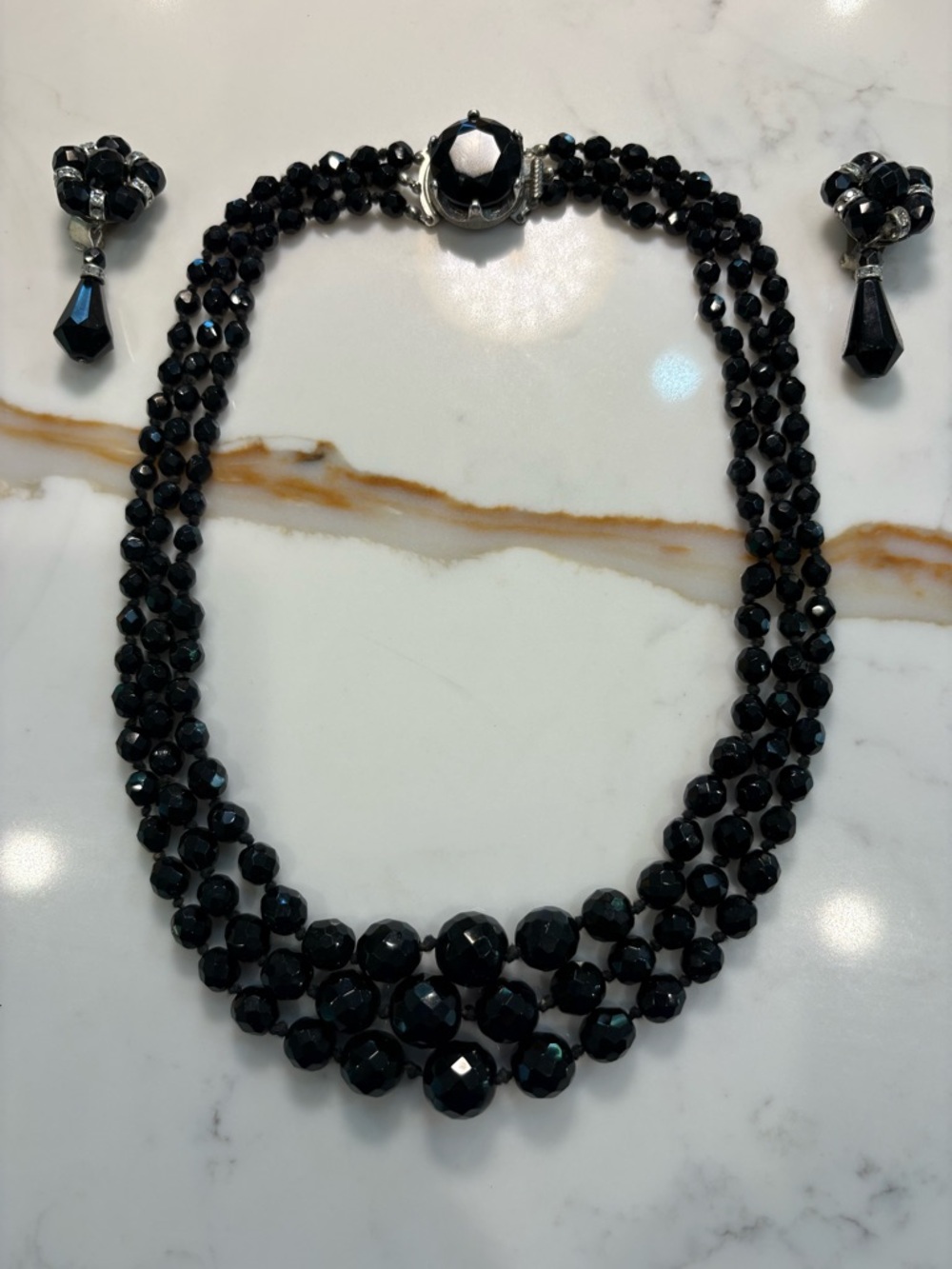 Elegant Black Faceted Bead Multi-Strand Necklace with Matching Earrings